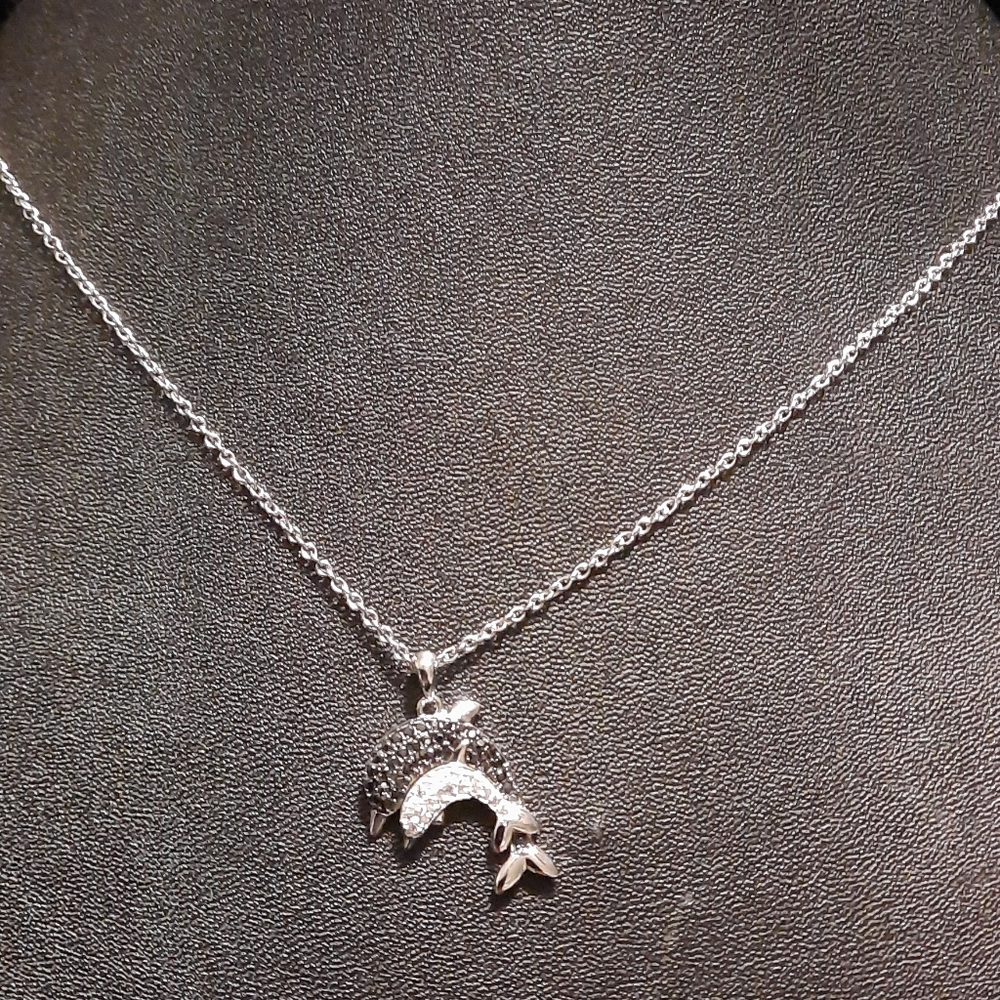 SALE.  Diamond Sterling Silver Dolphin Necklace